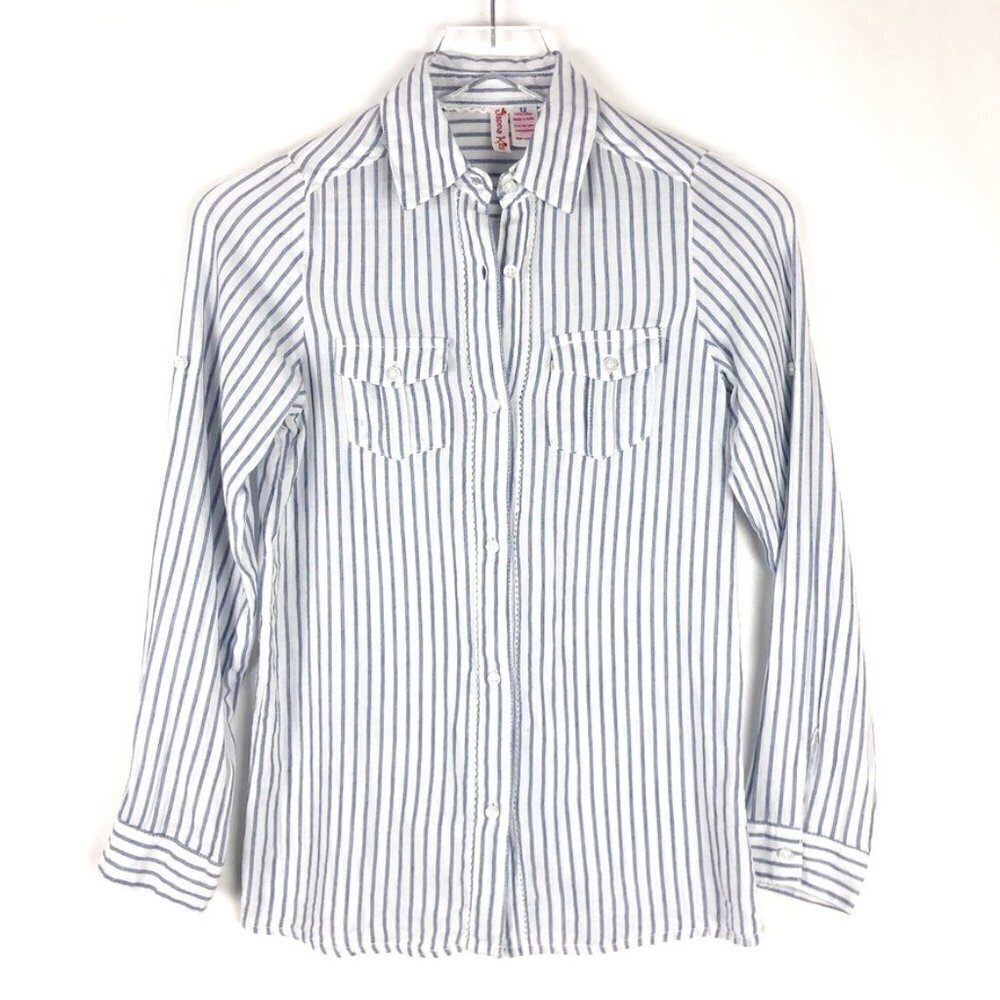 Japna Shirt Kids Size 12 White Blue Striped Button Down 100% Cotton Lightweight